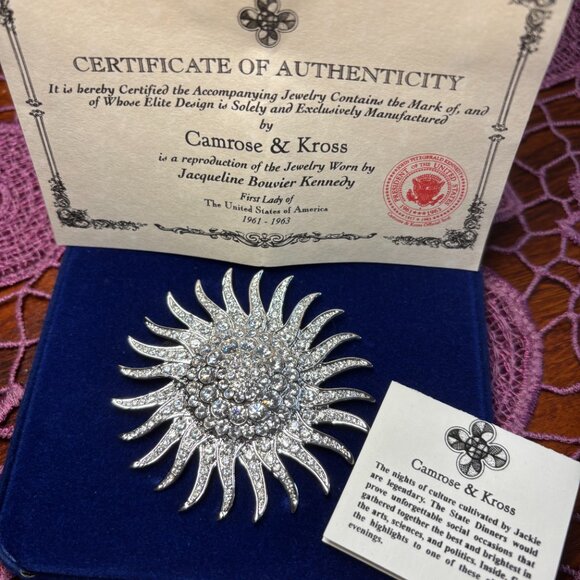 Camrose & Kross Jacqueline Kennedy Sunburst Rhinestone Brooch w/ COA & Box